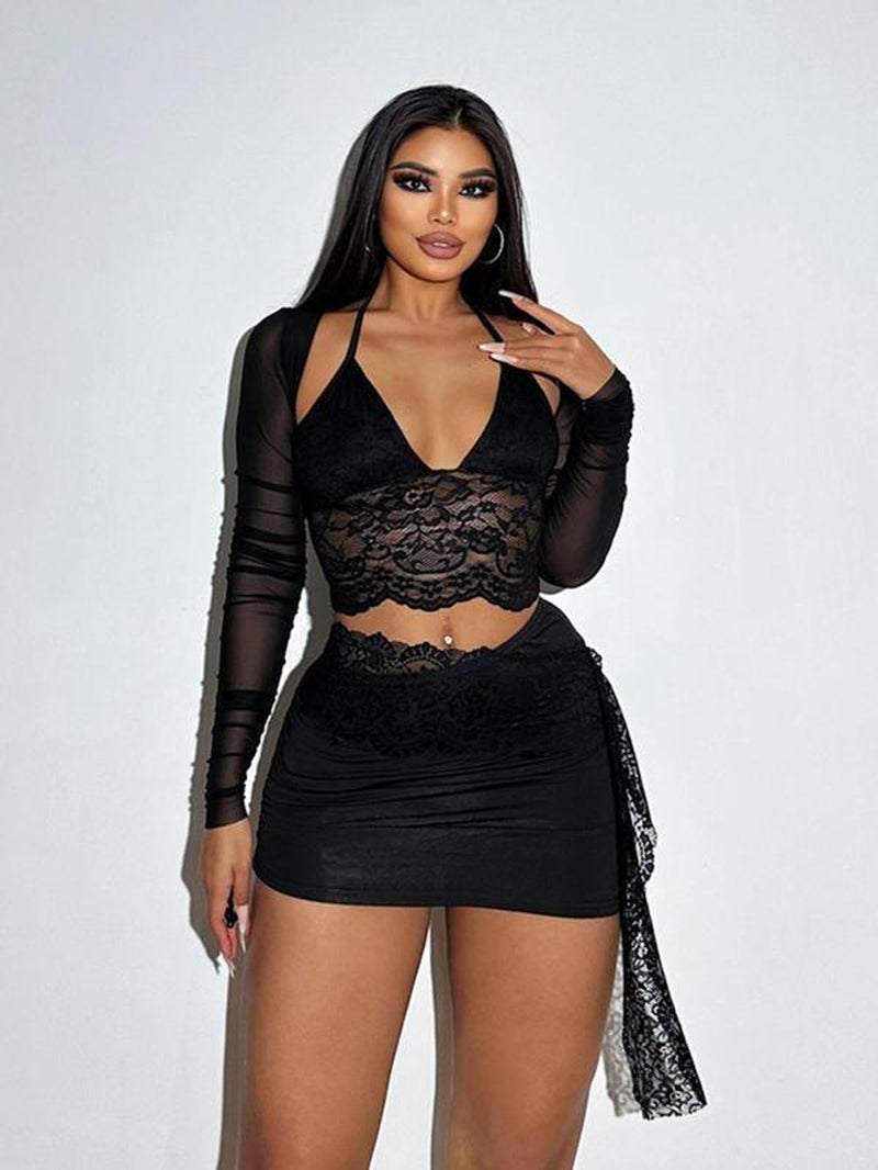 Two-Piece Set Women'S Contrast Floral Lace Sheer Skirt Two-Piece Set, Fall Outfits, Tie Back Crop Top & High Waist Skirt Set, Back to School Fall Outfits, Ladies Summer Clothes for Party Club Dating Sandalias Romanas Outfits