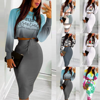 Fashion Harajuku Women Sets Women Fashion Long Sleeve Top & Checker Print Drawstring Shirred Skirt Tracksuit Set Брюки Женские