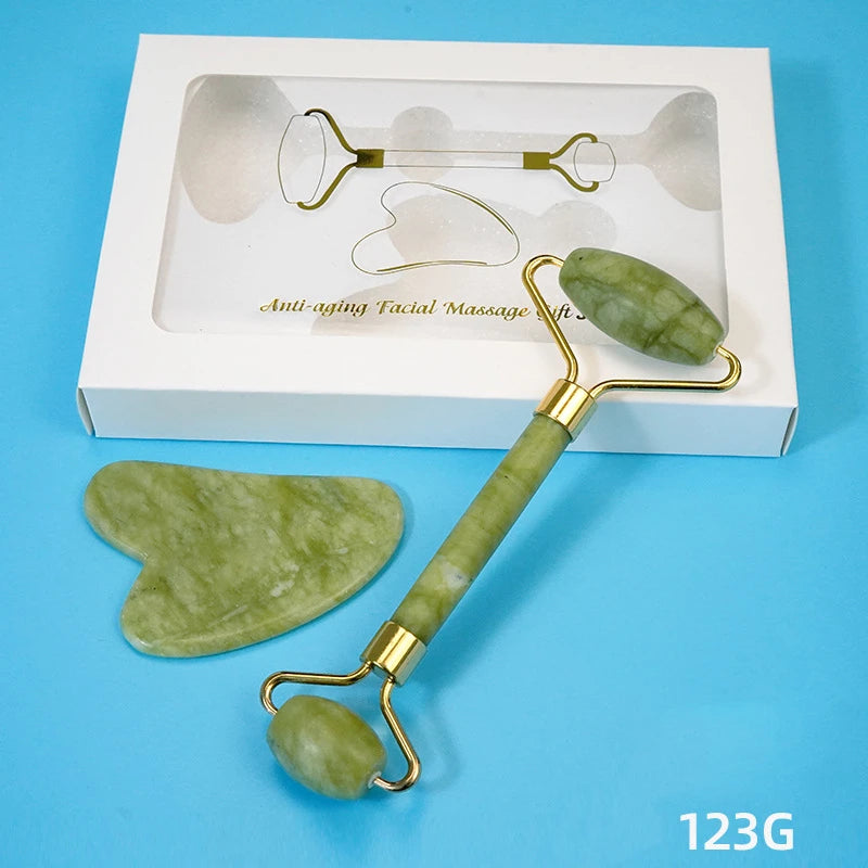 Natural Jade Stone Gouache Scraper Face Roller Gua Sha Massager for Face Body Massage Set Anti-Wrinkle Beauty Relaxation Tool